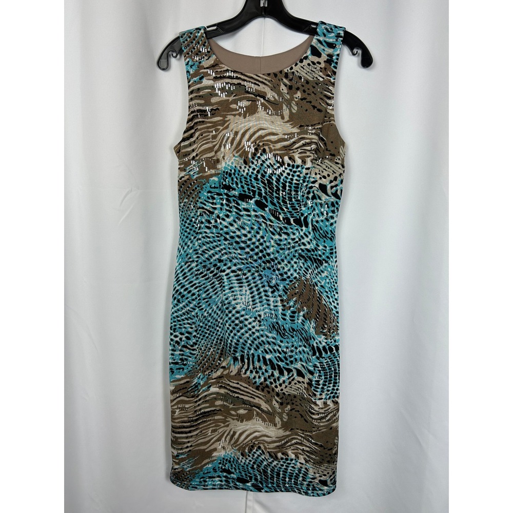 Joseph‎ Ribkoff Animal Print Sequin Sleeveless Sheath Dress Turquoise Brown 8/M